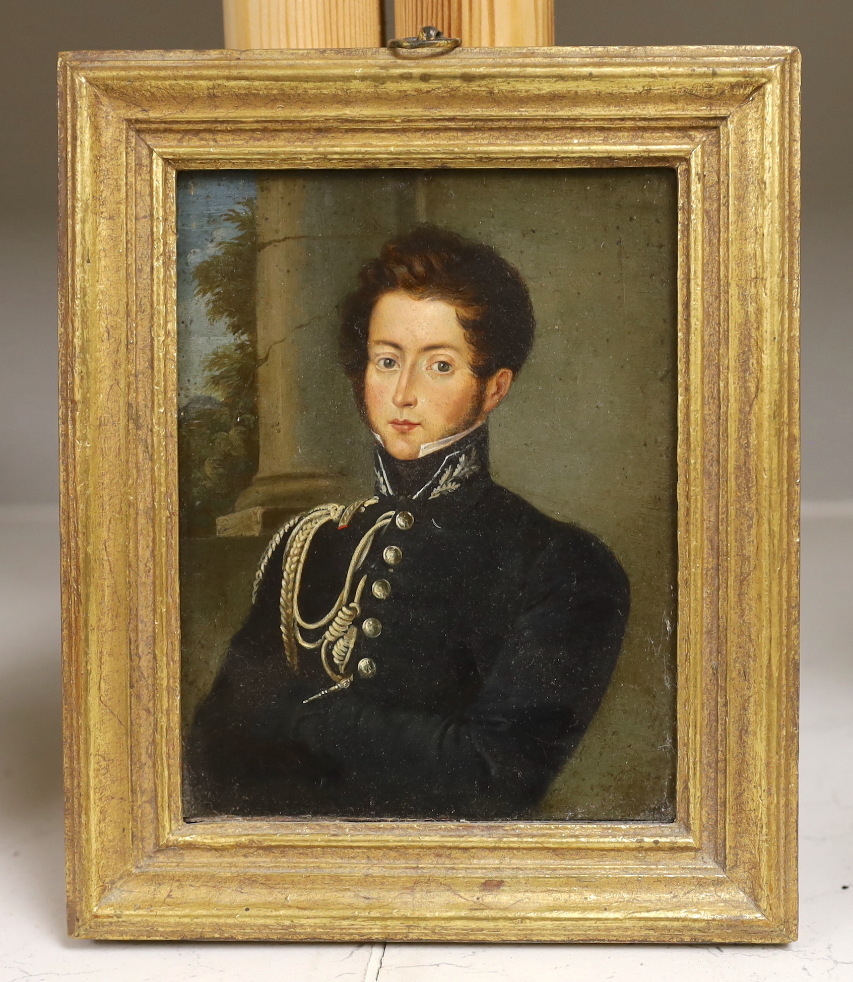 Early 19th century French School, oil on board, Portrait of an officer in uniform, inscribed verso, 14.5 x 11cm